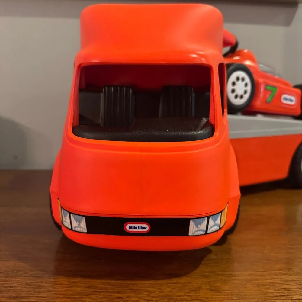 Little Tikes Racing Team Hauler Transport Truck and Race Car Set Orange Vintage